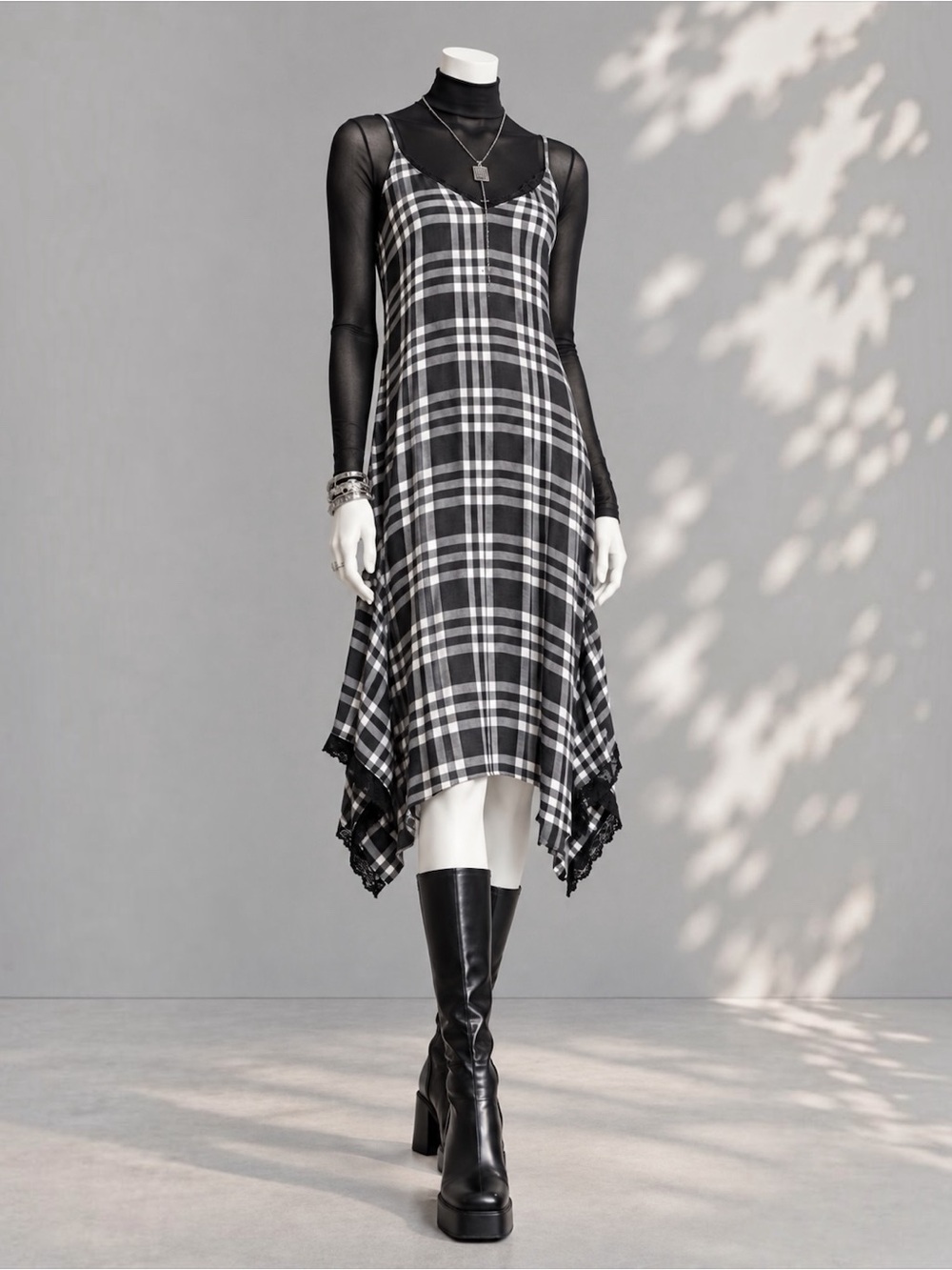 Zara Plaid Midi Slip Dress M Black White Grunge Indie Sleaze 90s Alternative